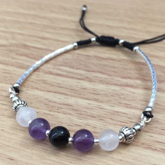 Rose Quartz, Amethyst & Onyx Shamballa Bracelet - Picture 2 of 4